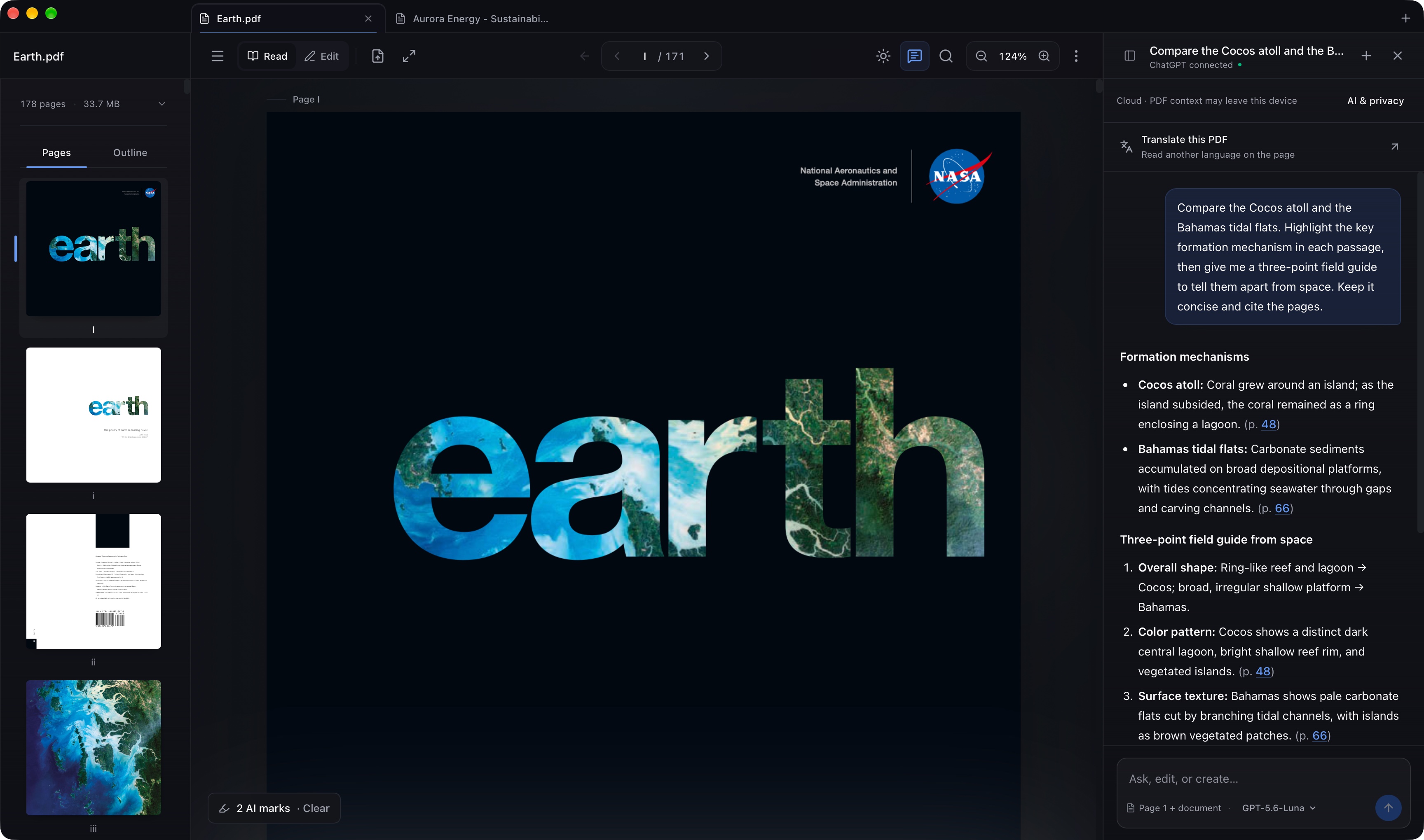 Readlet on Mac displaying a satellite photograph of the Cocos Islands, with page thumbnails and a ChatGPT-connected agent comparing island formations across the book
