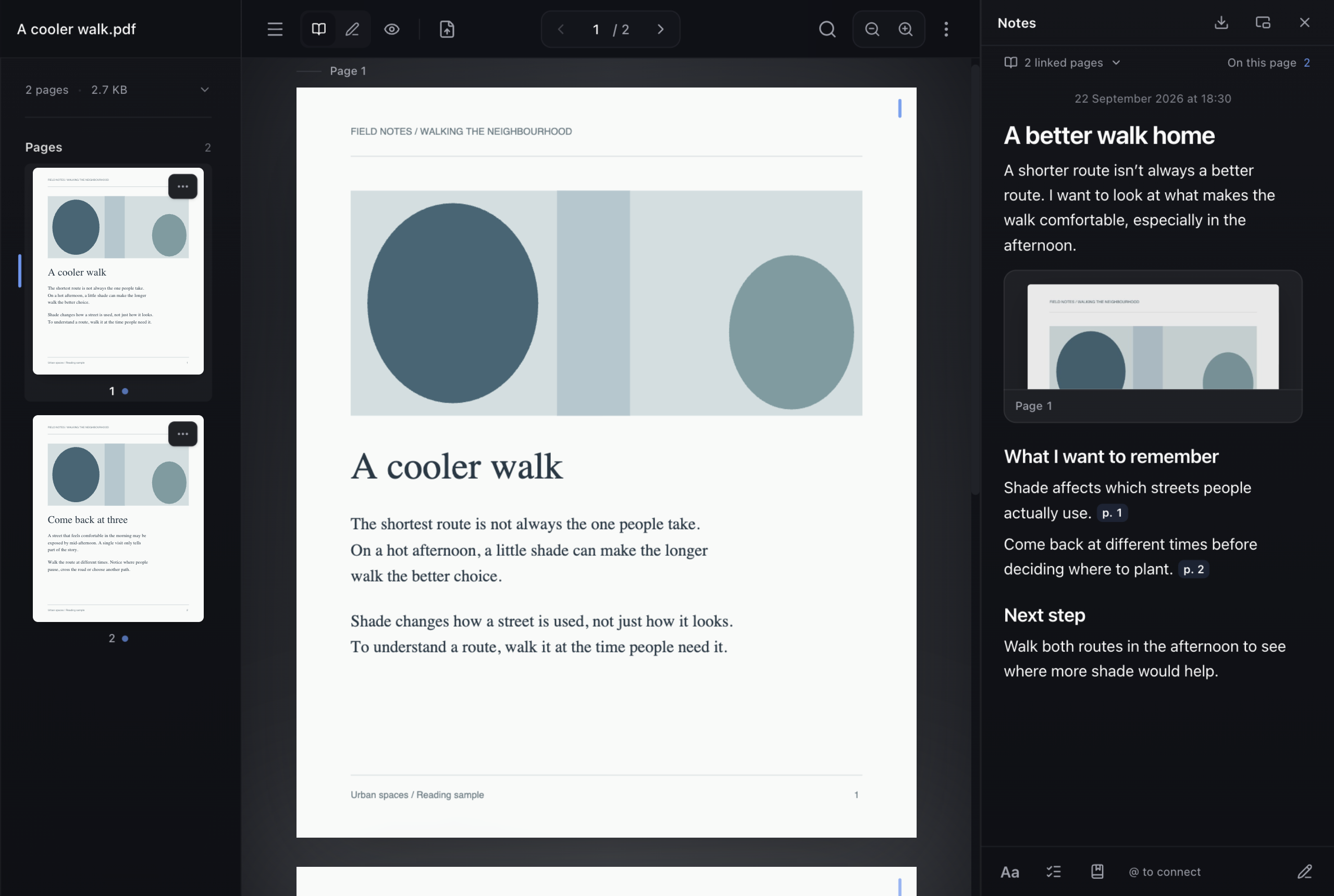 Readlet’s notes editor with a page preview, links to pages 1 and 2, and formatted writing