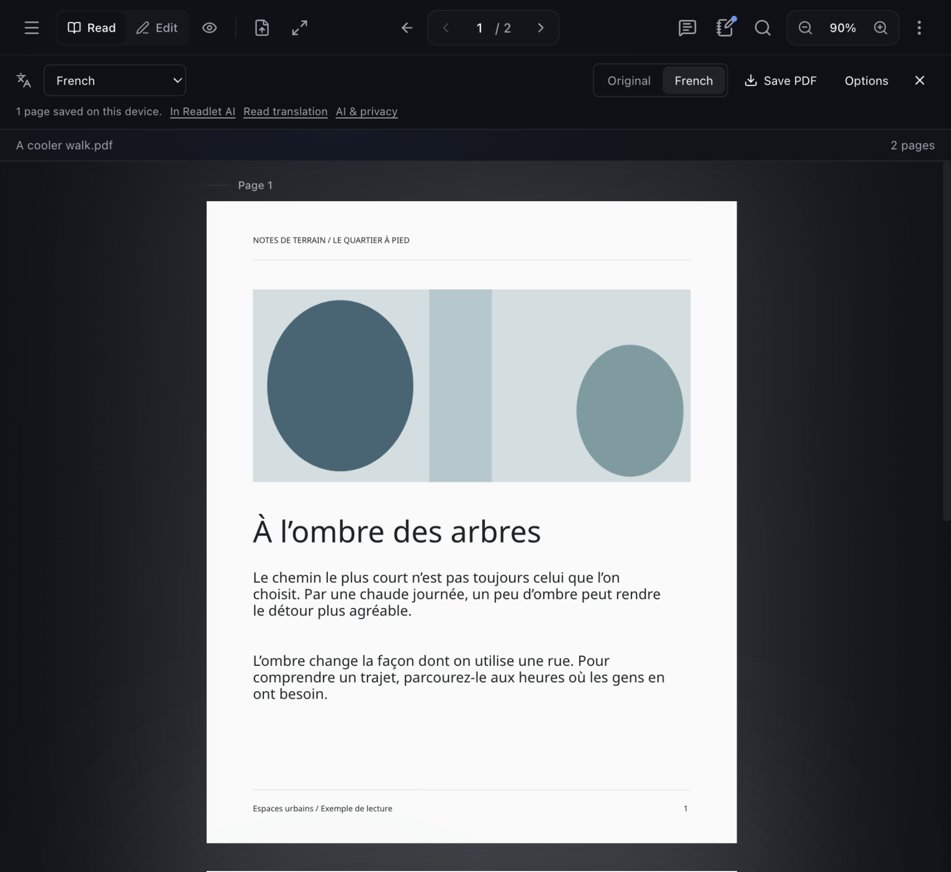 Readlet’s actual French translation view, with Original and French controls and Save PDF above the translated page